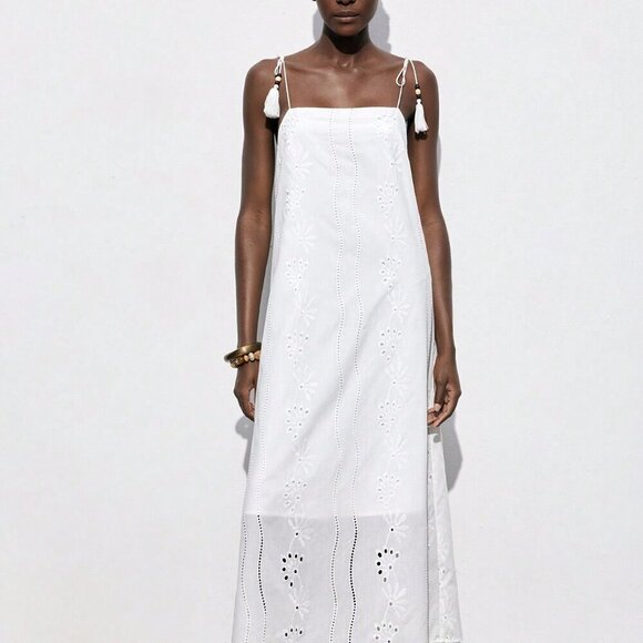 White Casual Women's Cotton Embroidered Long Spaghetti Strap Tassel Beach Dress - Picture 6 of 7